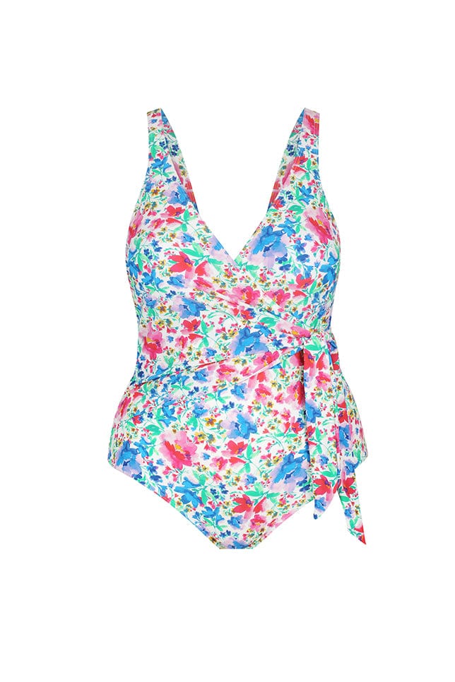 Ghost mannequin bright floral waist tie one piece swimsuit