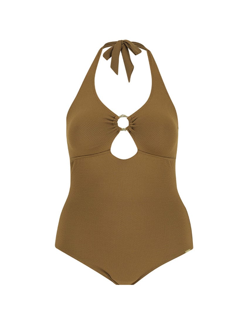 Ghost mannequin of textured halter neck ring one piece swimsuit