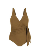 Ghost mannequin of low neck tie side one piece in textured khaki colour