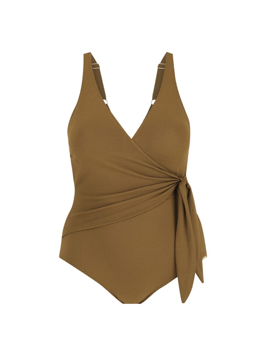 Ghost mannequin of low neck tie side one piece in textured khaki colour