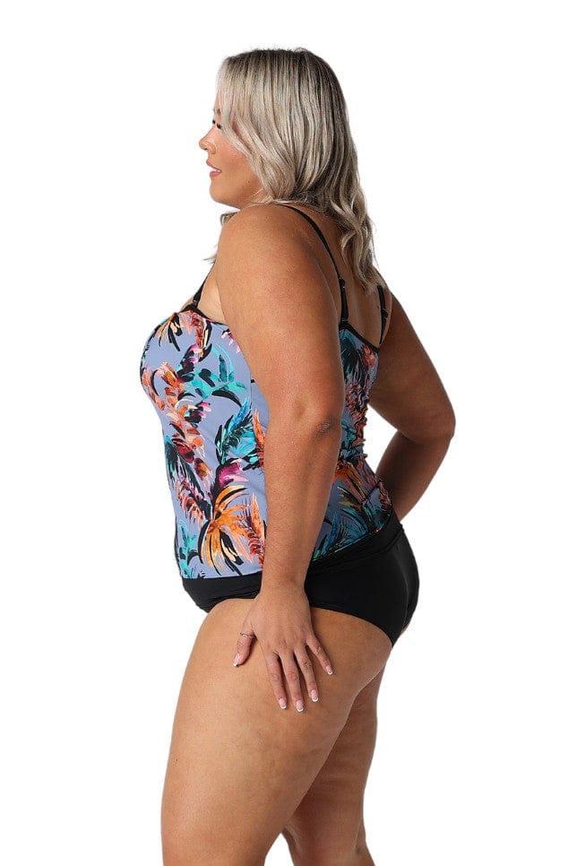 Model wearing blue tropical print womens tankini