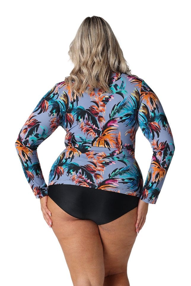 Model showing back of blue tropical print long sleeve rash vest