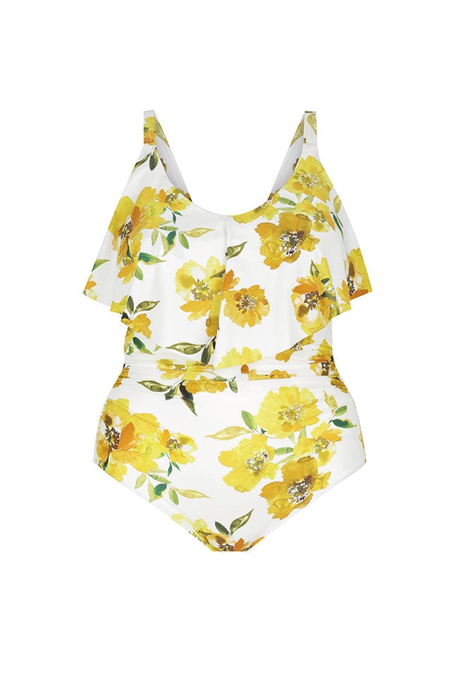 Ghost mannequin yellow and white floral frill v neck one piece