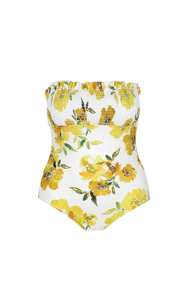 Ghost mannequin yellow and white floral shirred strapless one piece