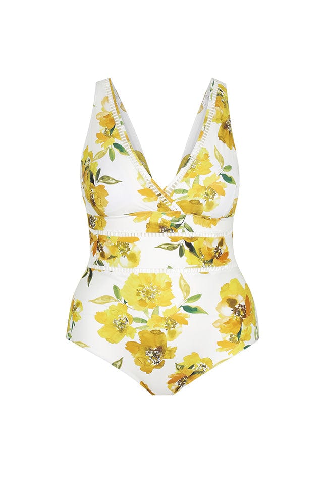 Ghost mannequin yellow and white floral v neck one piece swimsuit