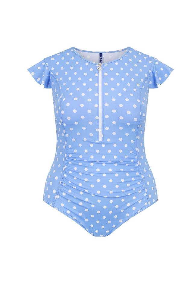 Ghost mannequin of Chlorine Resistant Polkadot retro frill sleeve one piece with zip front