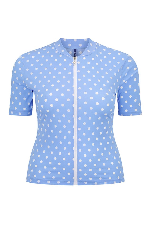 Retro rash vest in blue and white polkadot in chlorine resistant with front zip