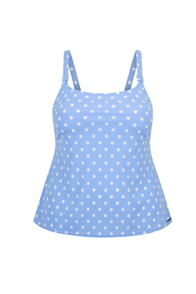 Vintage blue polkadot swing tankini top in chlorine resistant fabric