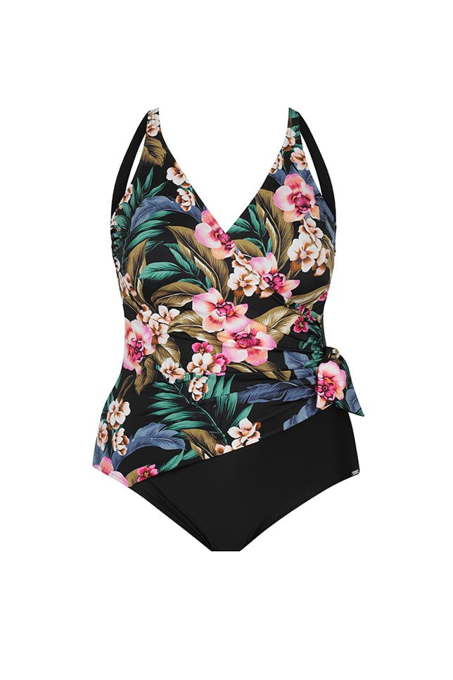 Ghost mannequin of black floral crossover one piece swimsuit