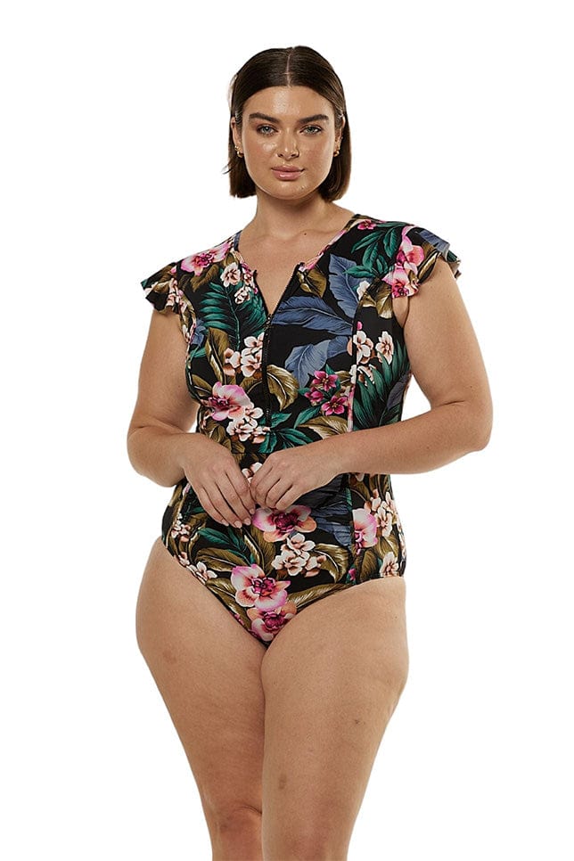 Model wearing black floral frill sleeve one piece swimsuit
