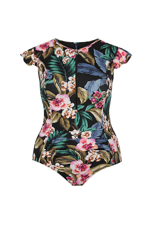 Ghost mannequin black floral zip up short sleeve one piece