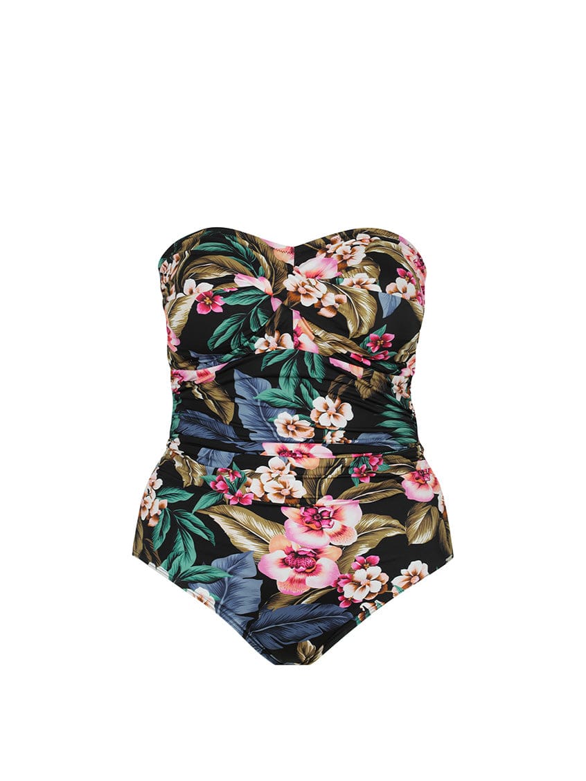 Floral tropical bandeau swimsuit on white background