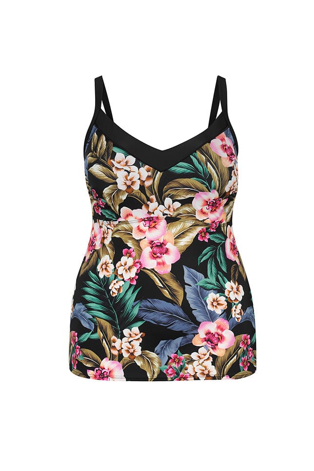 Ghost mannequin of black floral underwire tankini top