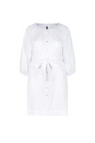 ghost mannequin image of white crepe button up dress with waist tie