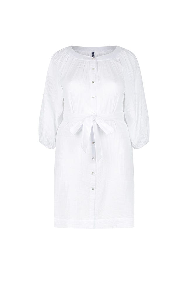 ghost mannequin image of white crepe button up dress with waist tie