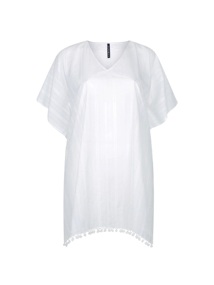 Ghost mannequin of white cotton kaftan dress with short sleeves