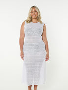 Model wearing white mesh maxi dress