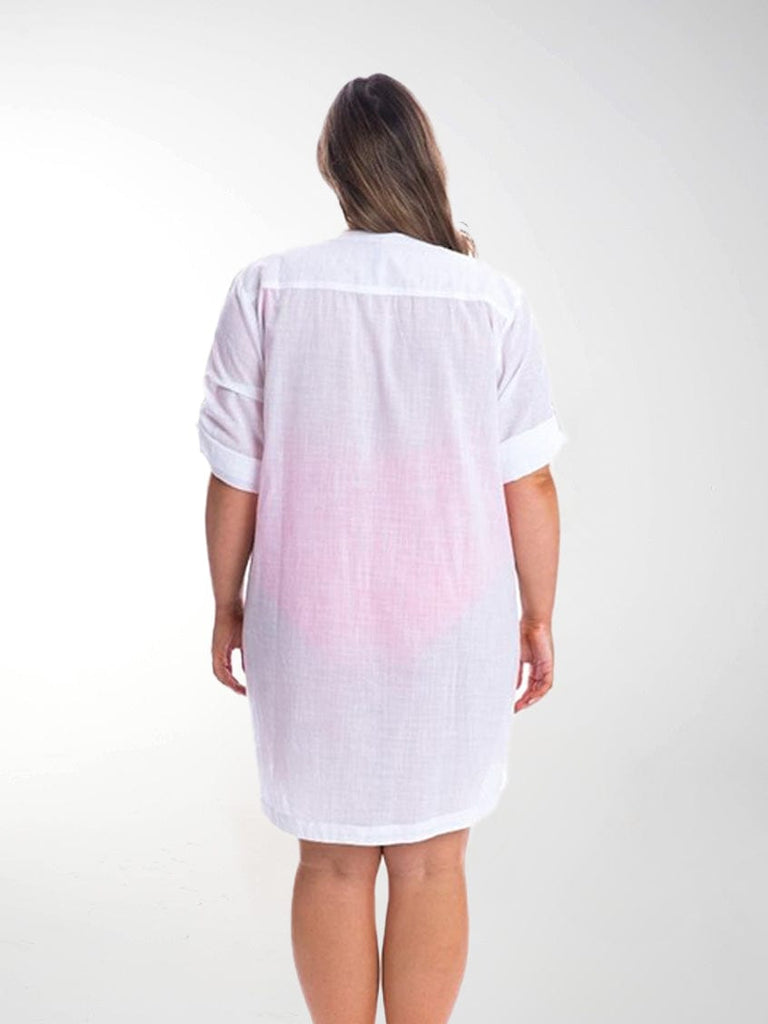 Back of model in studio wearing white cotton overshirt