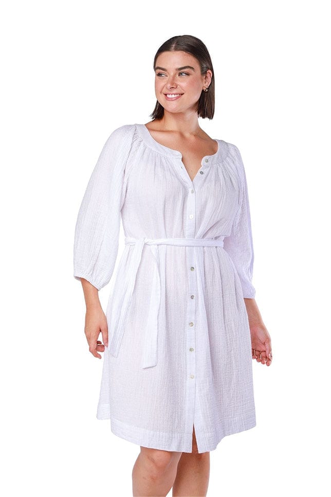 model wearing cheesecloth white dress