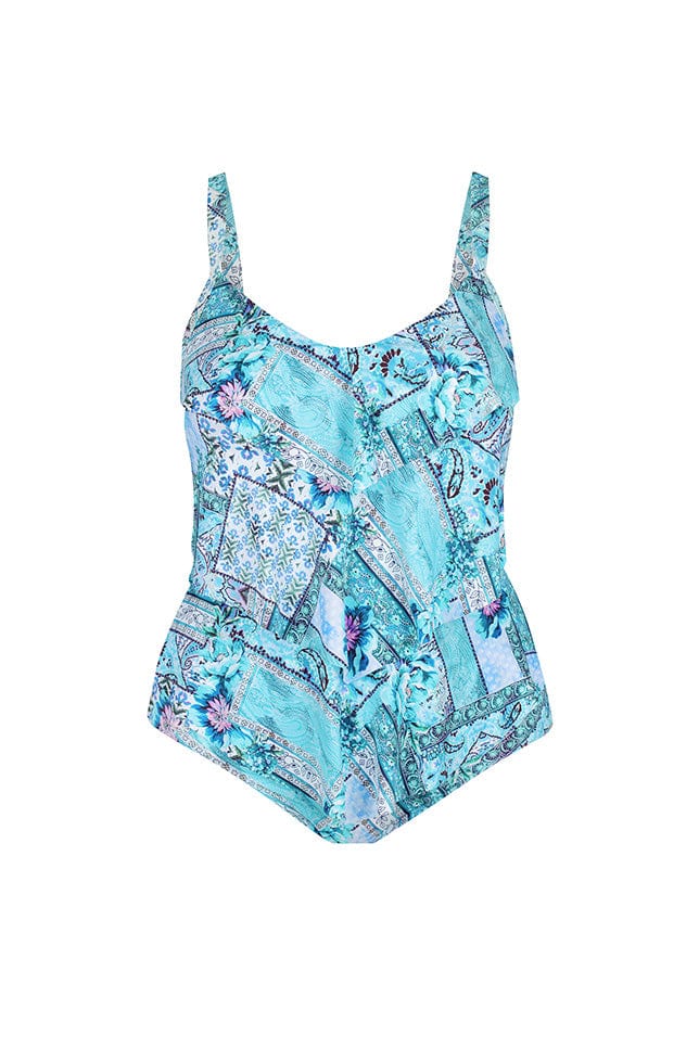Ghost mannequin light blue patchwork printed three frill one piece
