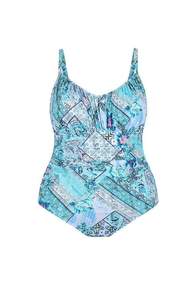 Ghost mannequin light blue patchwork printed ruched stomach one piece
