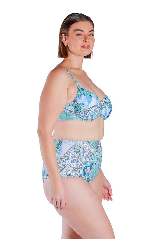 blue and white patchwork underwire bikini top