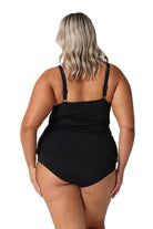 Model showing back of black swim tankini top