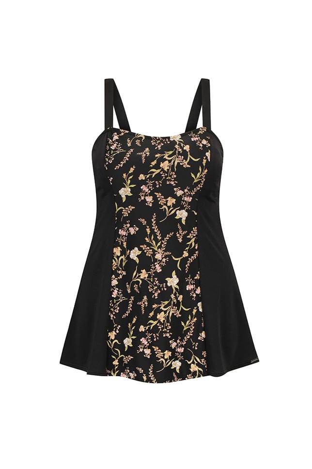 Ghost mannequin black floral wide strap swim dress