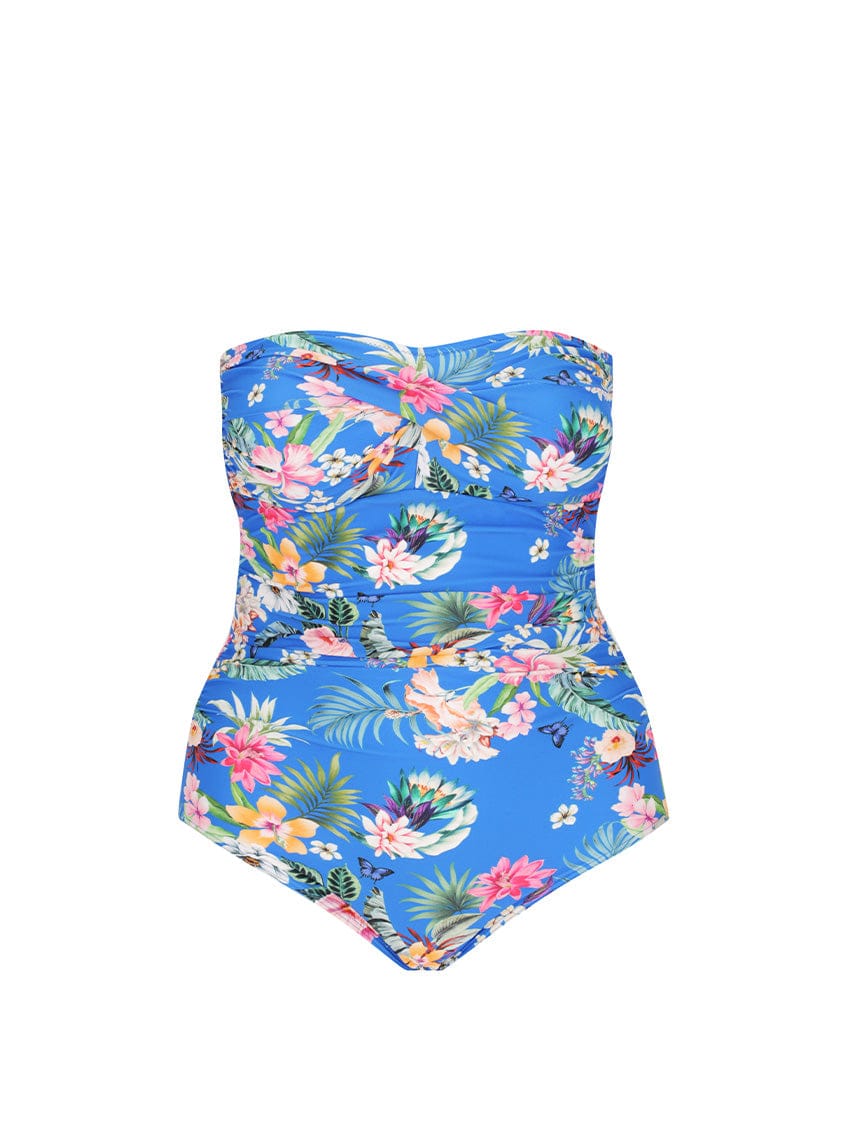 Ghost mannequin of floral blue strapless bandeau one piece swimsuit

