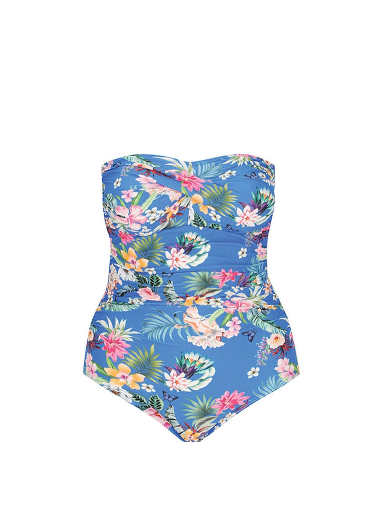 Ghost mannequin of floral blue strapless bandeau one piece swimsuit