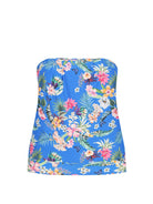 Ghost mannequin of blue floral strapless bandeau tankini top with moulded cups