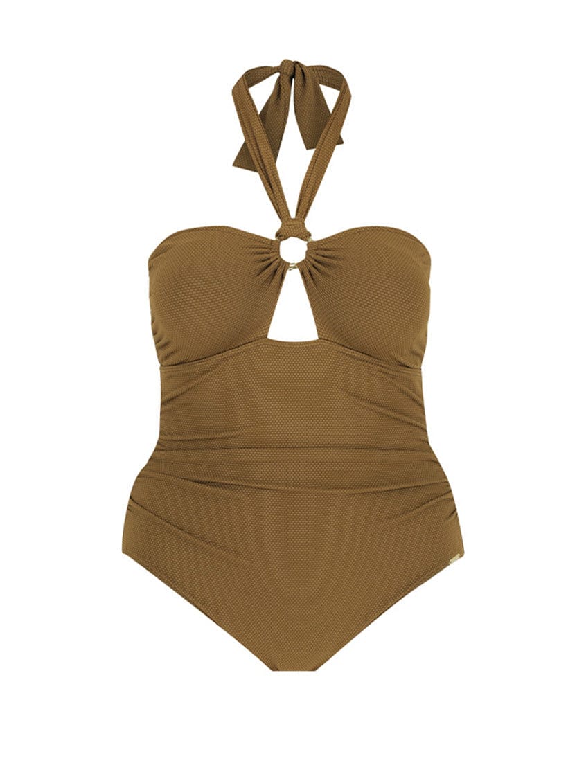 Ghost mannequin of khaki bandeau halter neck one piece with removable straps