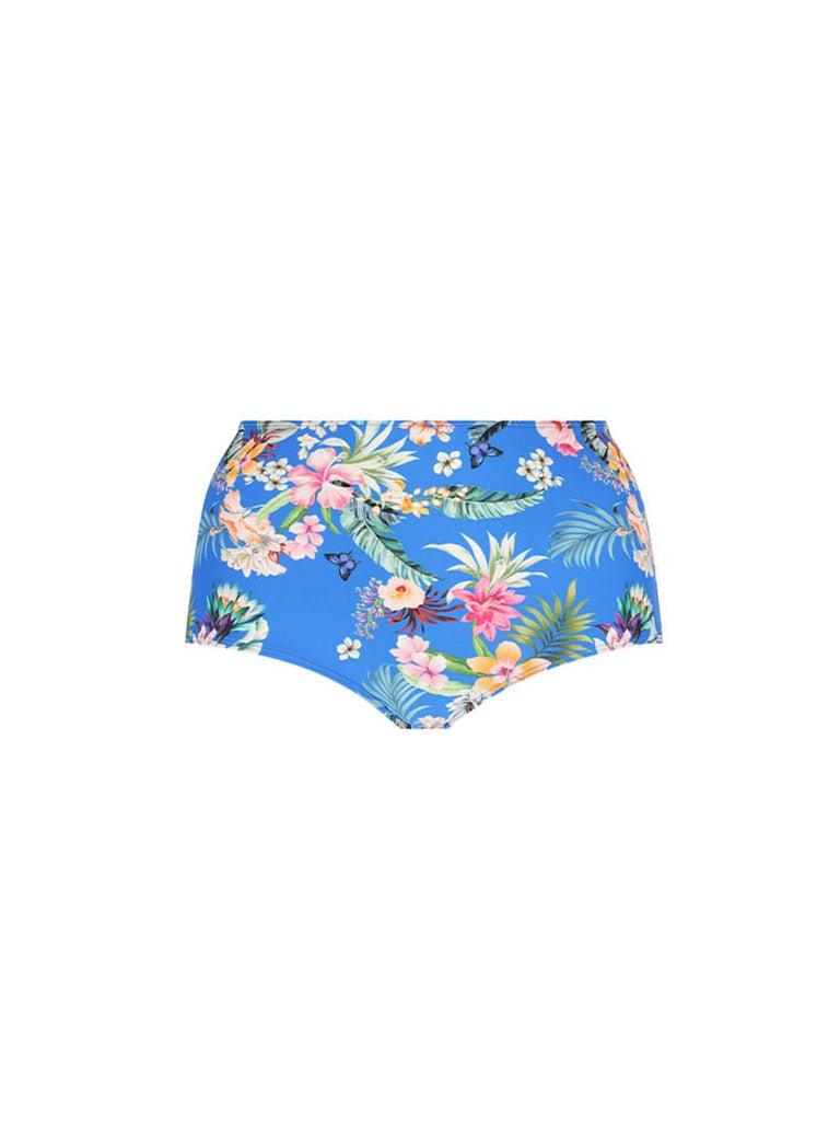 Ghost mannequin of tummy control high waisted swim pant in blue floral print