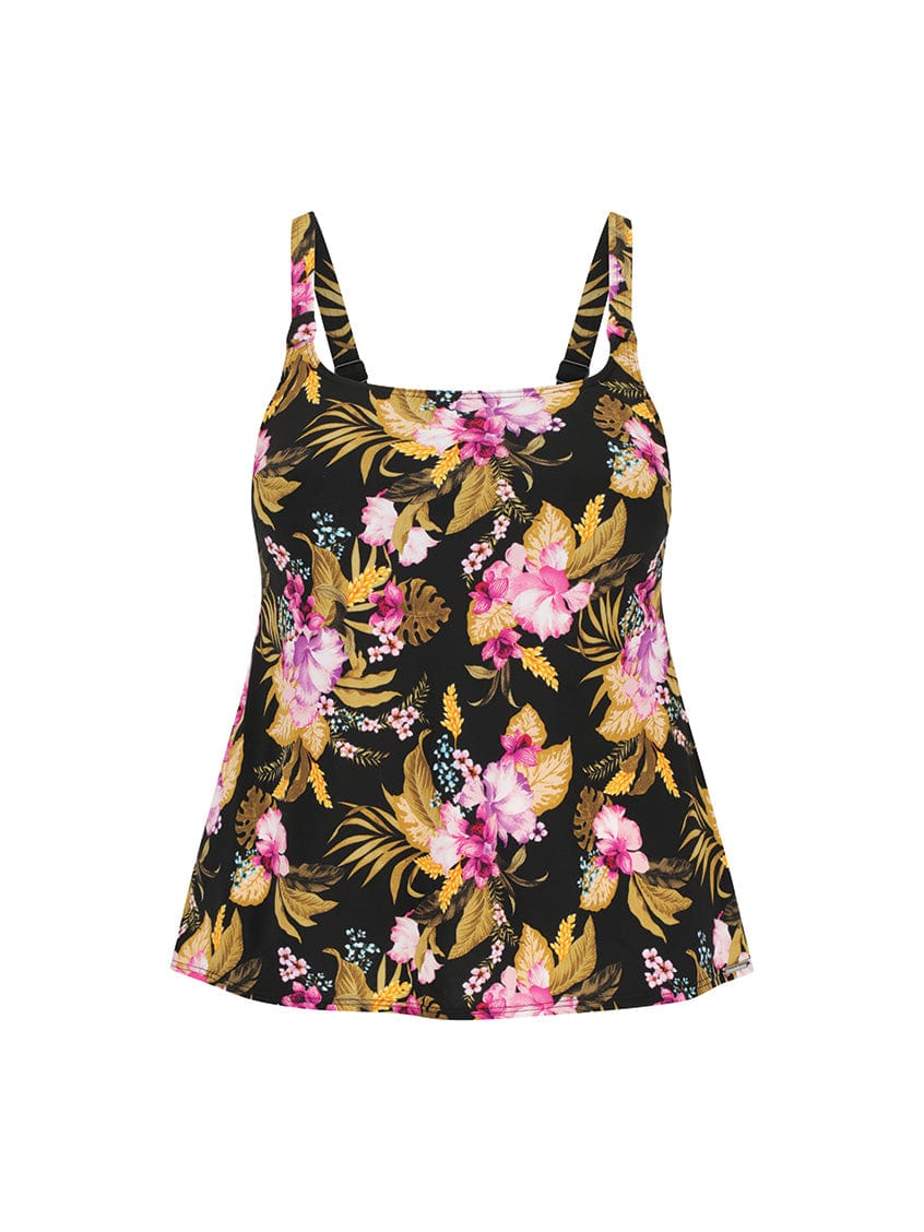 Ghost mannequin of pink and gold floral square neck tankini top