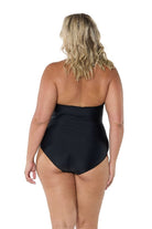 model showing back of hounds tooth halter neck swimsuit