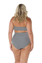 model showing back of hounds tooth strapless bikini and matching pant
