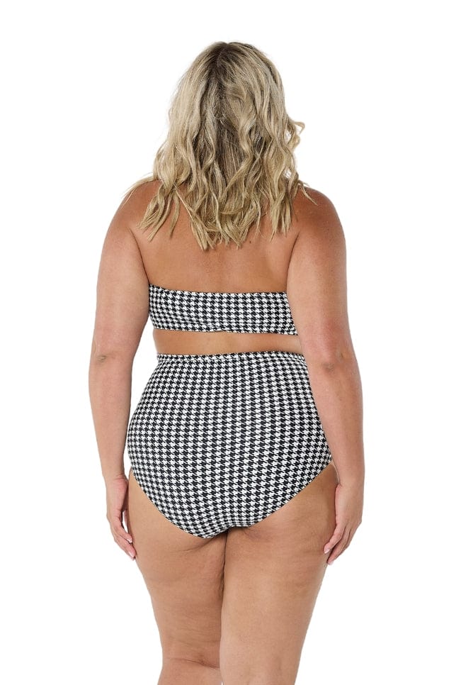 model showing back of hounds tooth strapless bikini and matching pant