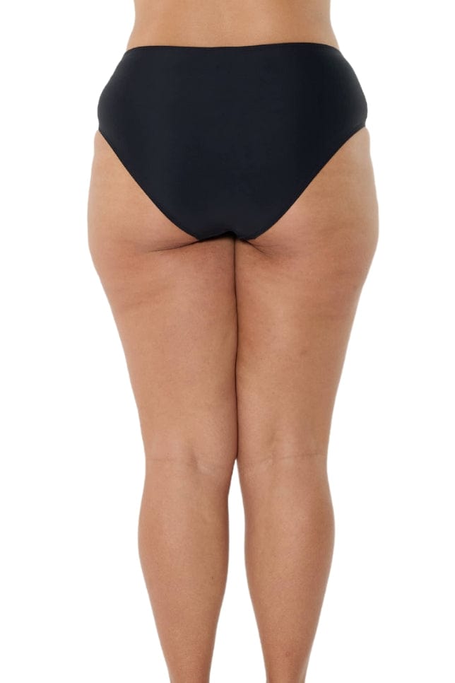 model showing back of black bikini bottoms