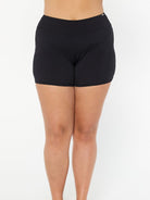 model wearing black boyleg swim shorts