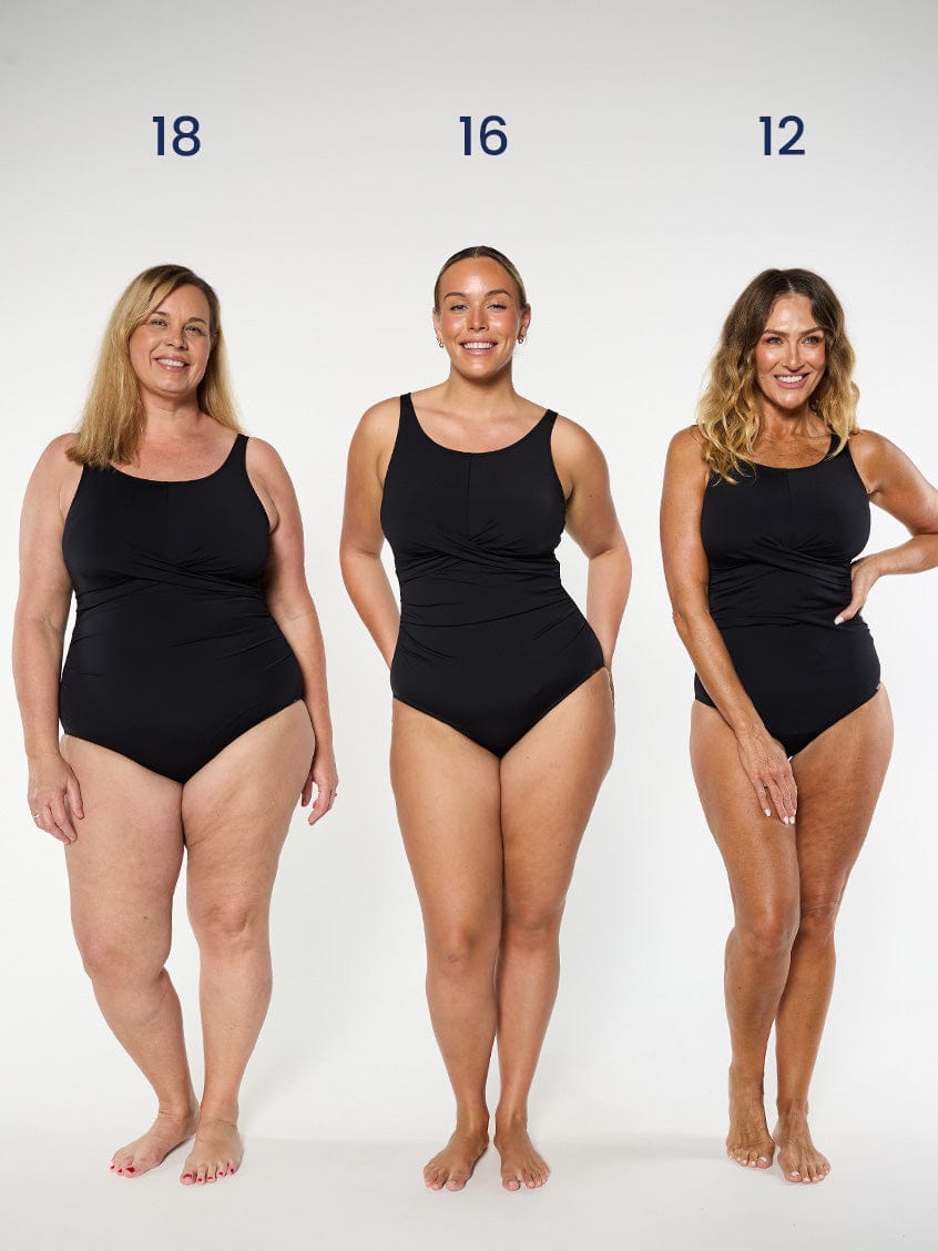three models wearing black high neck one piece