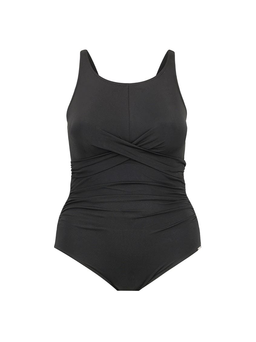 women's black high neck one piece swimsuit