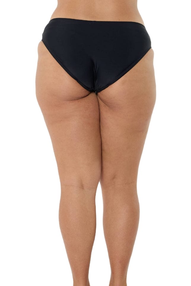 model showing back of black bikini bottoms