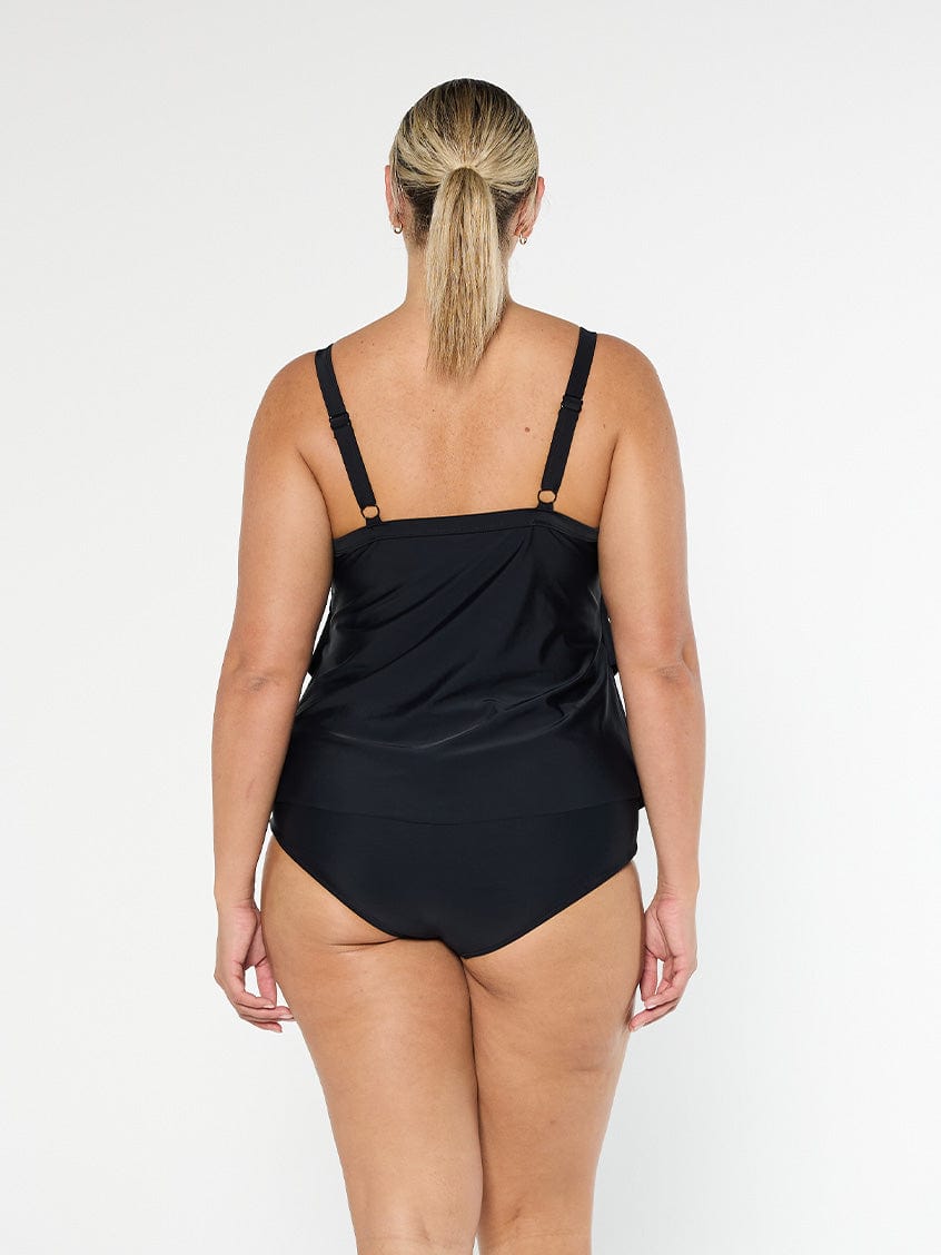 model showing back of black three tier tankini