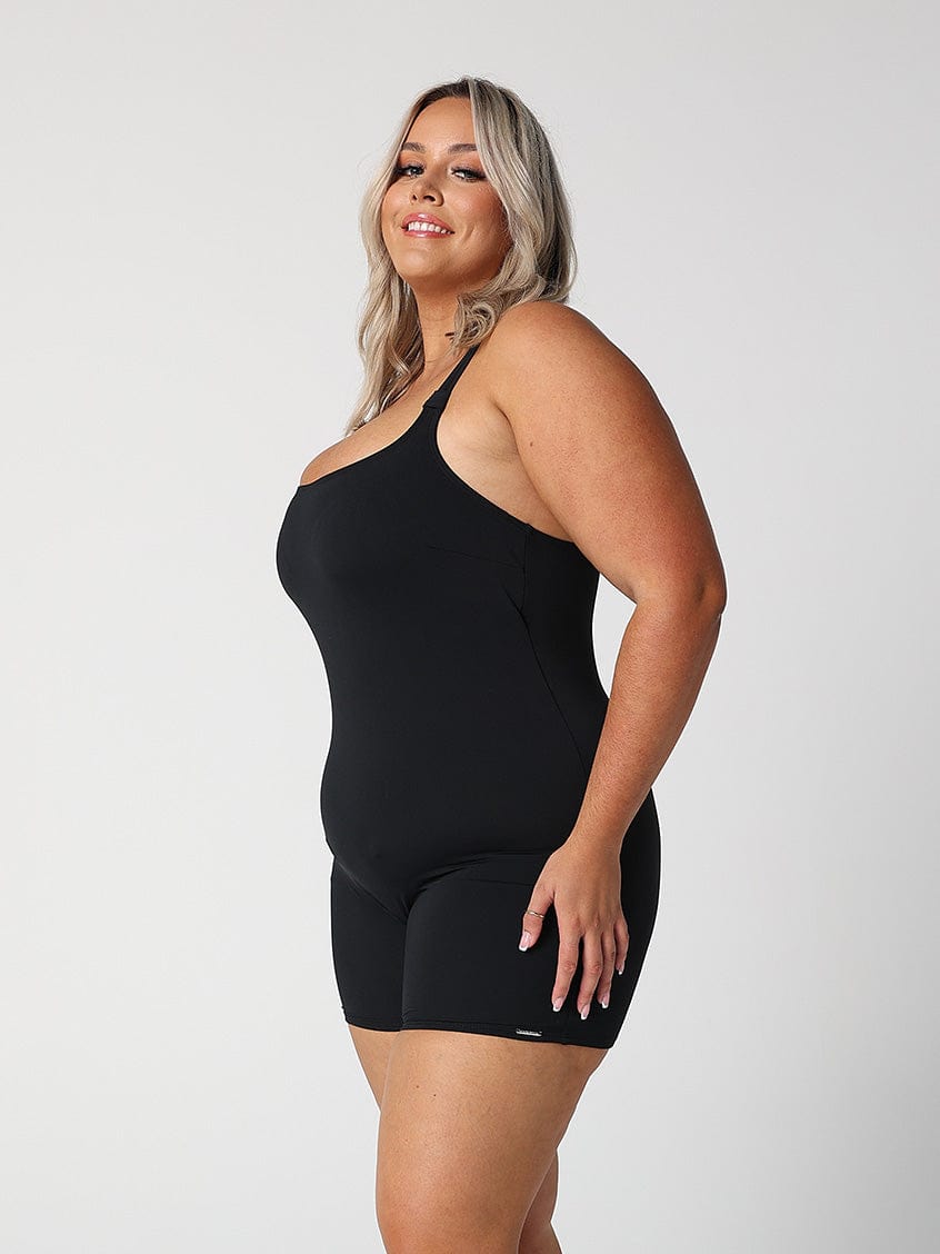 model showing side of black boyleg swimsuit