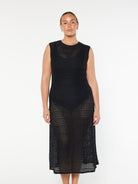 model wearing black mesh maxi dress