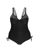 black mesh detail side ruched one piece