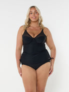 model wearing black mesh tankini with underwire