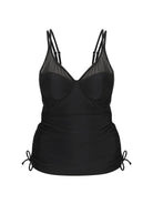 black tankini with mesh detail and side ruching