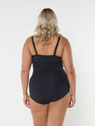 model showing back of black honey comb underwire one piece