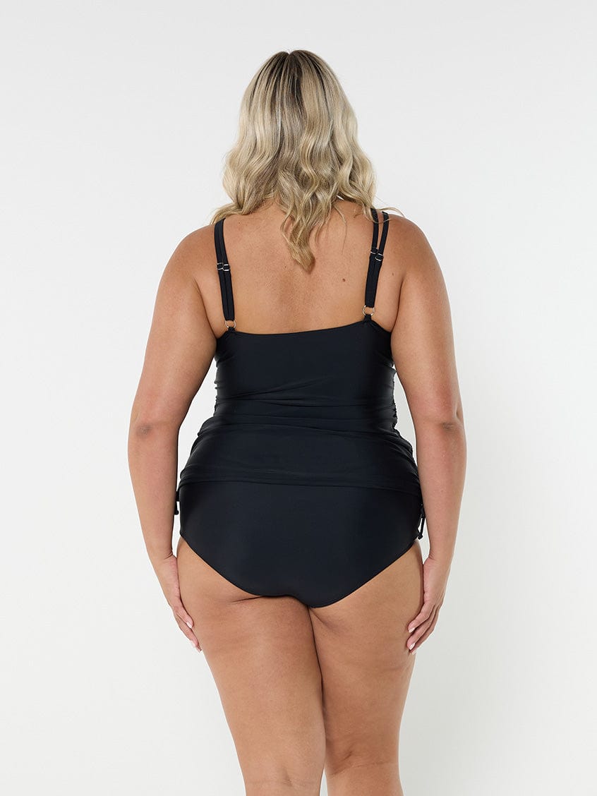 model showing back of black side ruched tankini top